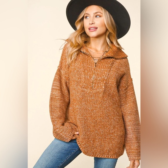 Plus Size Chestnut Brown Two-Tone Fall Half-Zip Pullover Knit Sweater, 1X-2X-3X - Picture 5 of 10